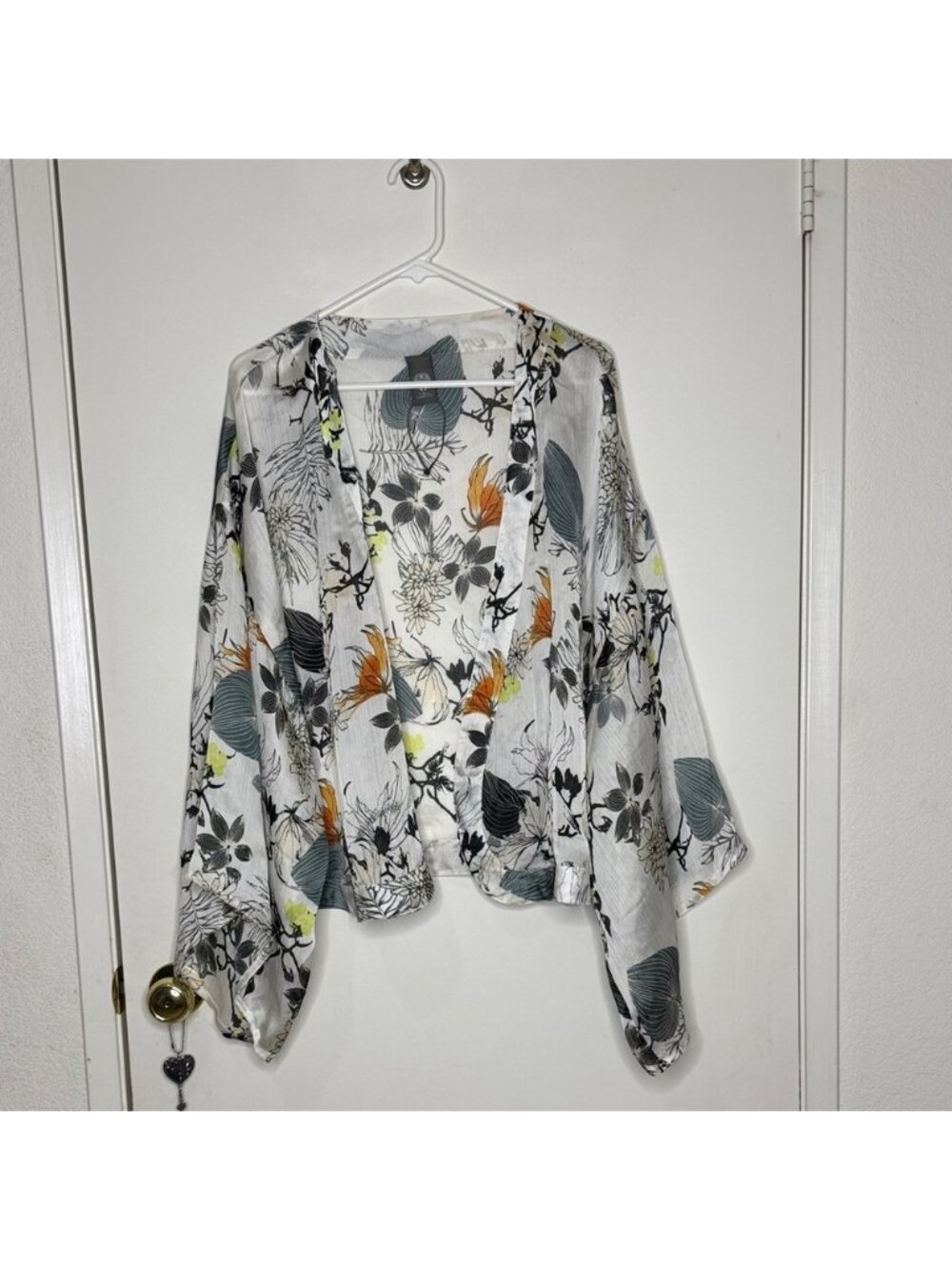 Vince Camuto Floral Kimono Sleeve Blouse - Black, Gray, Orange Sheer OS